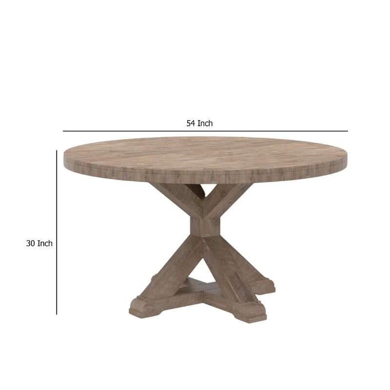 Bela Dining Table, 54 Inch Round Top w Solid X Base, Weathered Brown - Benzara image number 4