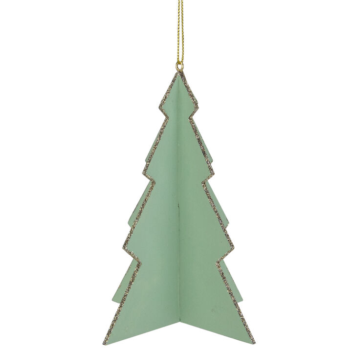 5.25" Light Green 3D Tree With Silver Glitter Wooden Christmas Ornament