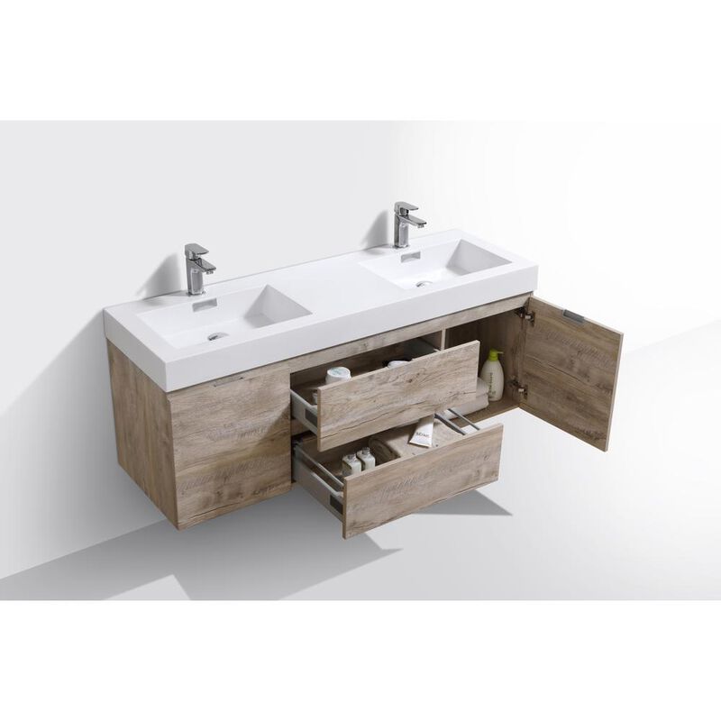 Kubebath Bliss 60 Double  Sink Nature Wood Wall Mount Modern Bathroom Vanity