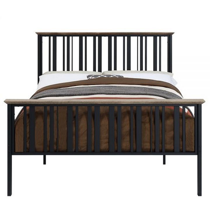 Nori Full Bed with Slatted Metal Frame, MDF Wood, Oak Brown and Black  - Benzara