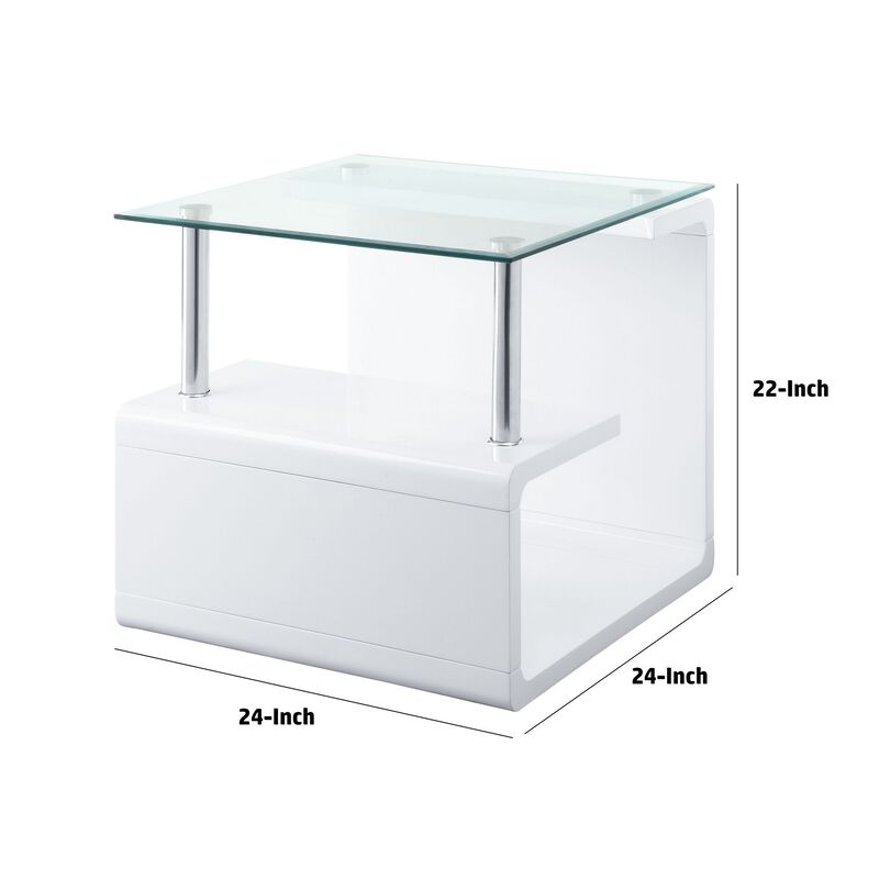 24 Inch Square Accent End Table, Glass Top, Open Shelf, White, Chrome