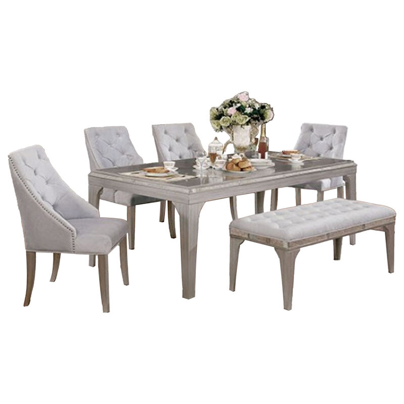 Jamie 6pc Dining Table Set with 4 Chairs and Bench, Silver-Light Gray image number 2