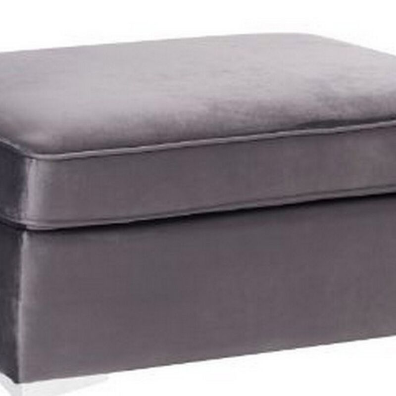 Ottoman with Velvet Upholstery and Metal Legs, Gray-Benzara image number 3