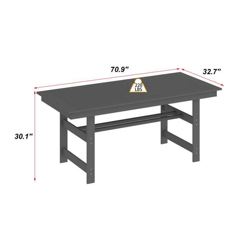 FUFU&GAGA 70.9" Outdoor & Indoor Dining Table &ndash; HDPE Waterproof, All-Weather Resistant, Wood Grain Finish, Sturdy Frame with Umbrella Hole (70.9" L x 32.7" W x 30.1" H).