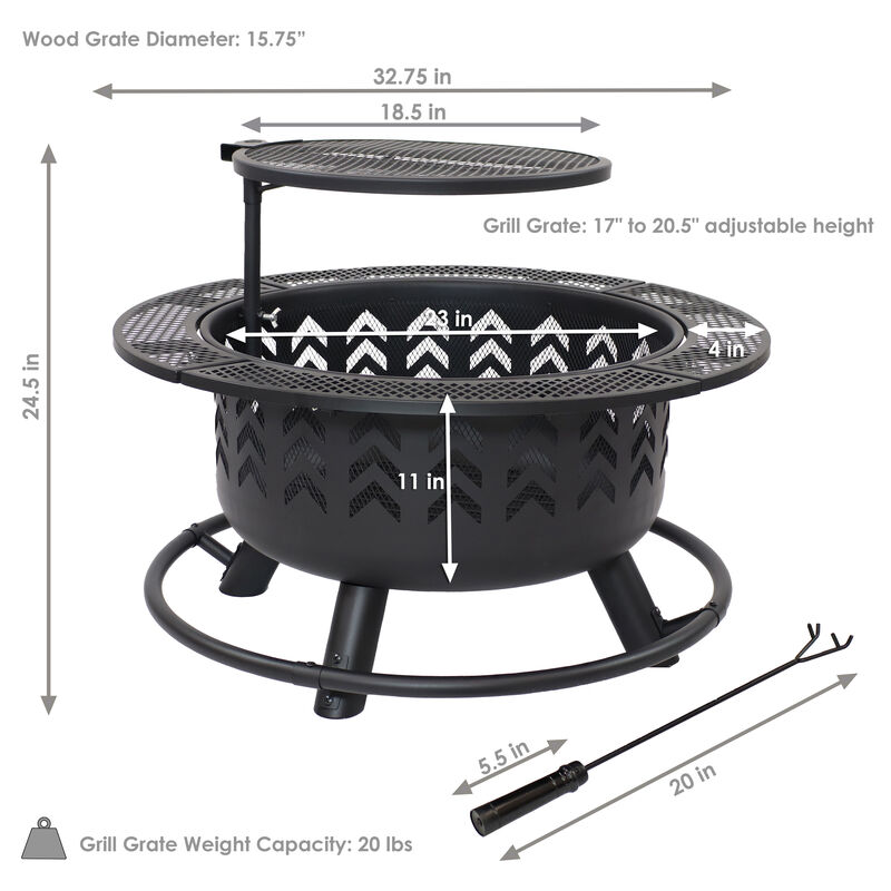 Sunnydaze 32.75 in Arrow Motif Steel Fire Pit with Cooking Grate - Black