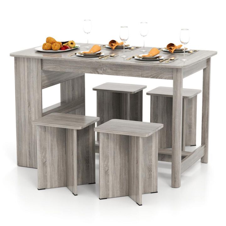 Hivvago 5 Pieces Dining Table Set with Storage Shelf and 4 Stools