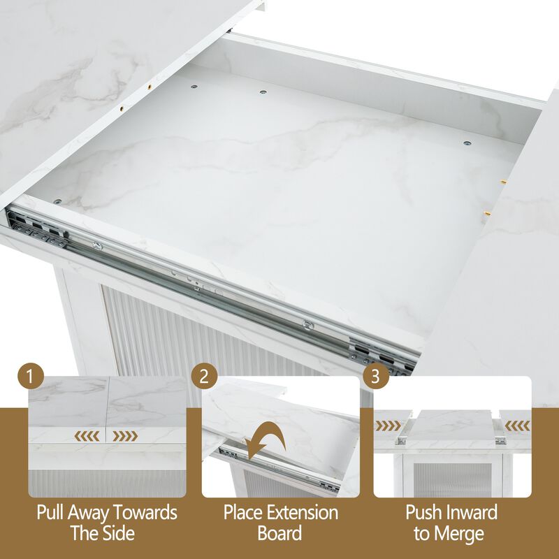 47.24"-63"Modern Rectangle Dining Table, Stretchable, with Printed White Marble Table Top+Storage Cabinet Table Leg with Metal Base image number 4