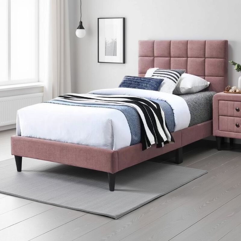 Lilian Twin Bed, Tufted Pink Linen Upholstery, Biscuit Tufted Stitch - Benzara