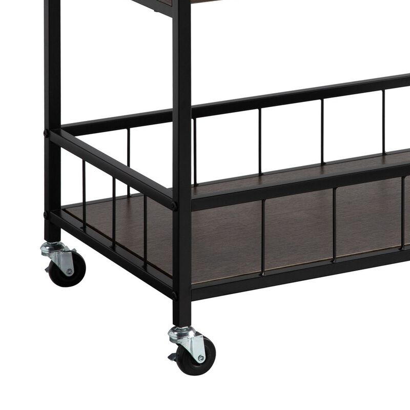 Kelcy 34 Inch Modern Kitchen Bar Cart, 3 Shelves, Wine Rack, Wheels, Brown-Benzara