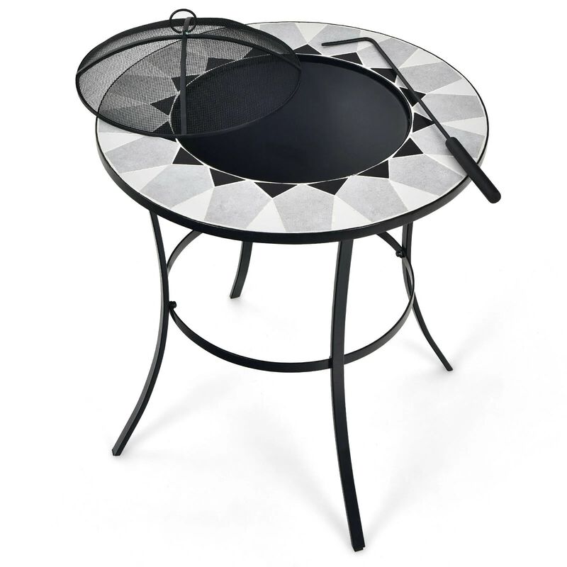 Mondawe 23.5" Round Steel Fire Pit Table with Mesh Cover & Poker, Black