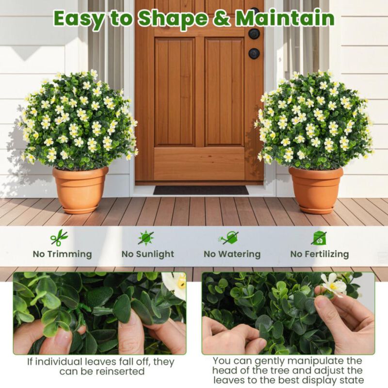 Hivvago 2 Pack Artificial Boxwood Topiary Ball Tree Faux Shrub Bushes with Flowers