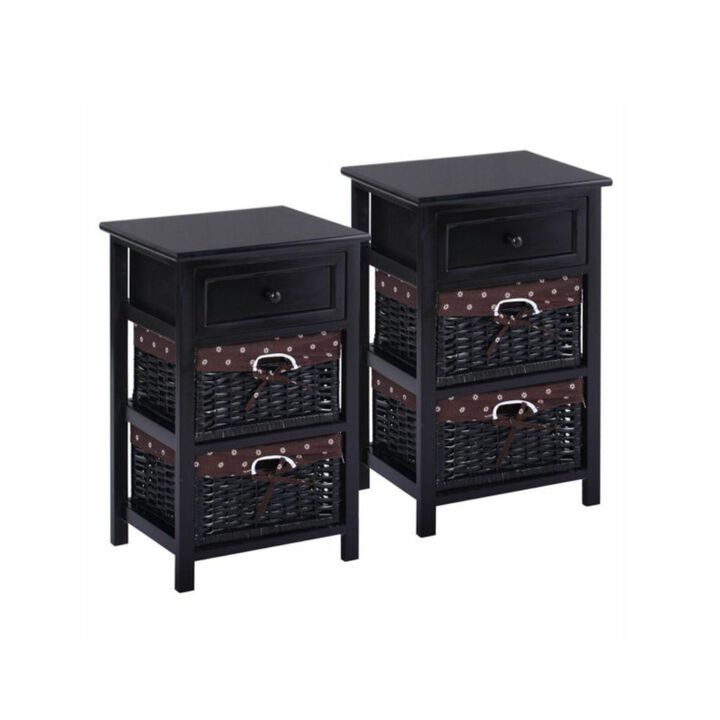 Hivvago 3 Tiers Wooden Storage Nightstand with 2 Baskets and 1 Drawer - Set of 2