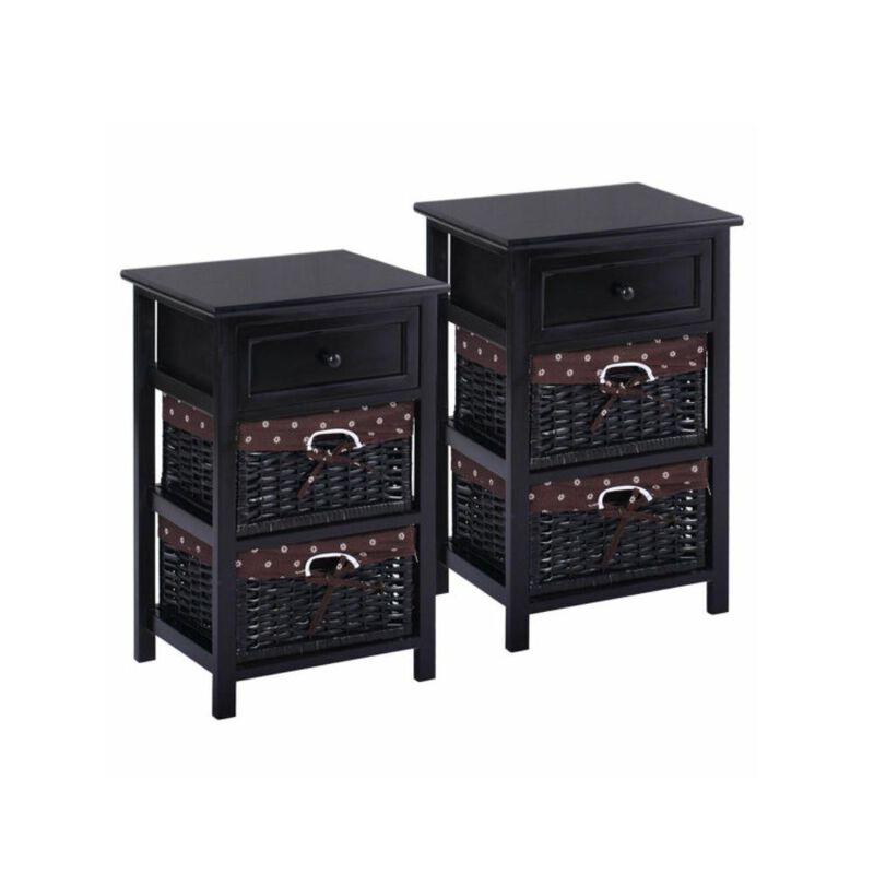 Hivvago 3 Tiers Wooden Storage Nightstand with 2 Baskets and 1 Drawer - Set of 2