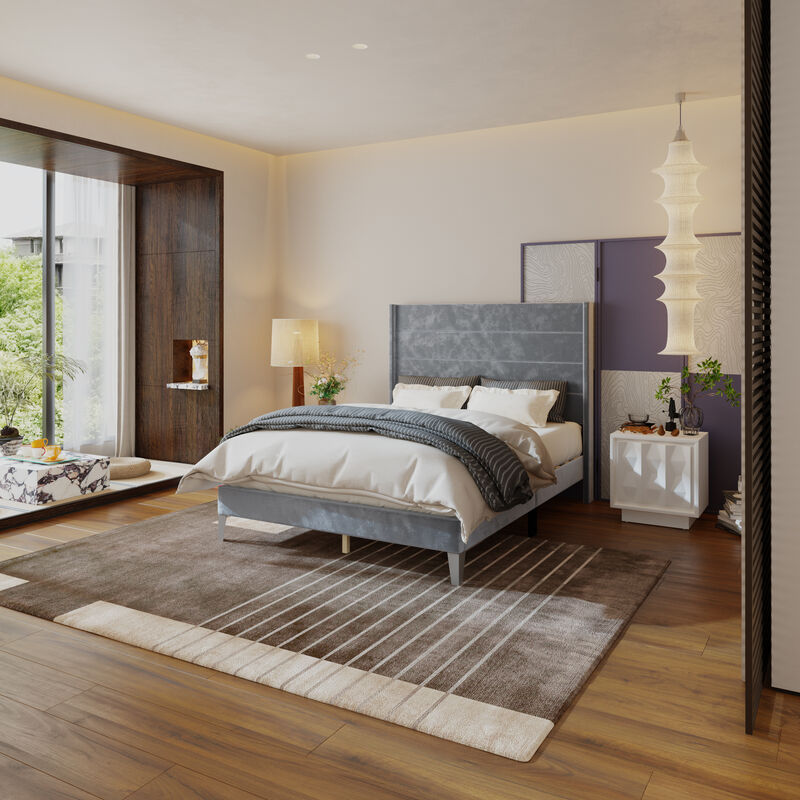 FUFU&GAGA Gray Upholstered Platform Bed with Padded Headboard, Reinforced Slat Support & Elevated Legs, Queen Size Bed Frame (83.5 in. L x 63.8 in. W x 55.3 in. H)