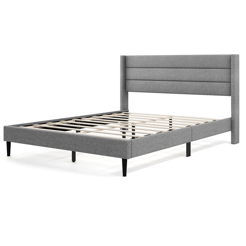 Wingback Upholstered Platform Bed – Linen Headboard with Slatted Base for Modern Bedrooms