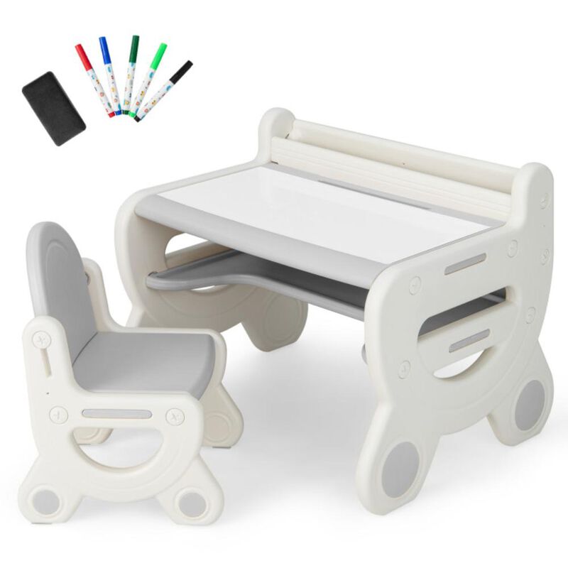 Hivvago Kids Drawing Table and Chair Set with Watercolor Pens and Blackboard Eraser