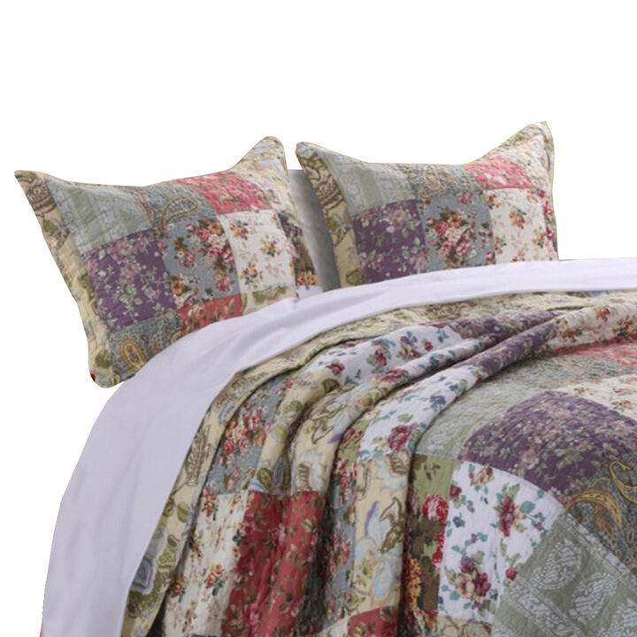 Chicago 3 Piece Fabric Queen Bedspread Set with Jacobean Prints, Multicolor - Benzara