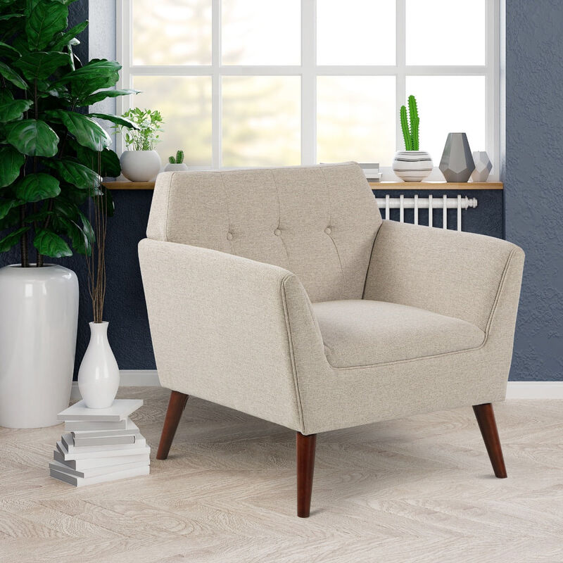 Traditional Living Room Chair, Armchair with Button Tufted Polygonal Straight Back, Single Sofa with Thick Padding, Light Grey