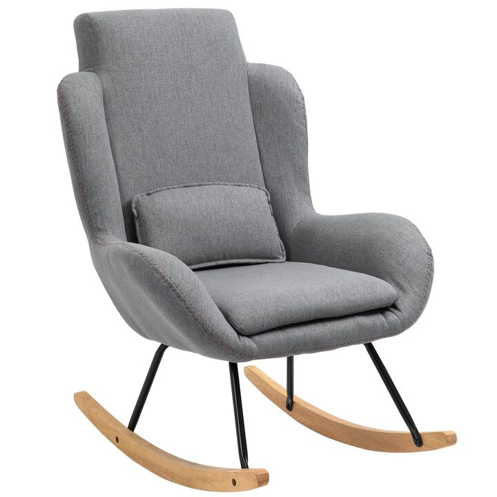 Modern Rocking Chair with Removable Lumbar Pillow Fabric Sofa Armchair with Thick Padding, Metal Frame, Wood Base for Living Room, Light Grey