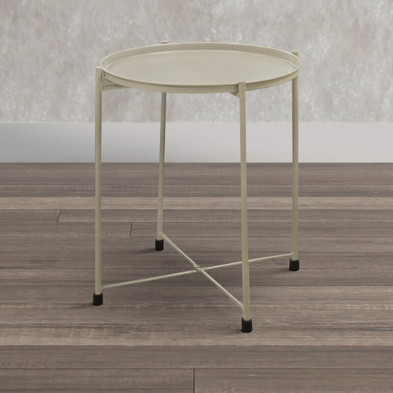 18 Inch Modern Side End Table, Round Metal Tray Top, Foldable Legs, Beige