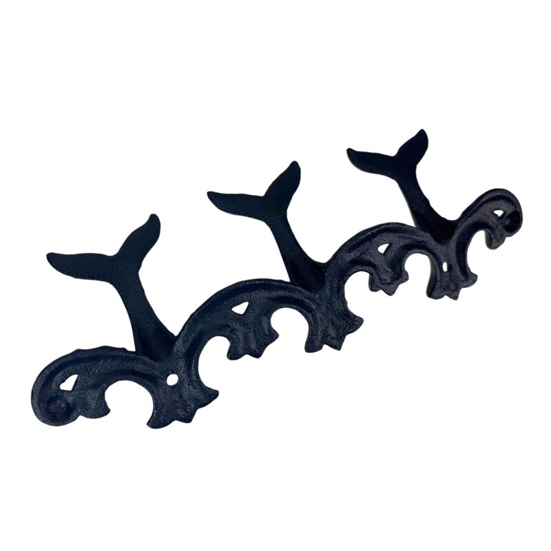 Set Of 2 Whale Tail Wall Hooks Cast Iron Blue Coastal Triple Hook 105 In image number 2