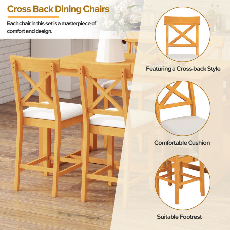 Merax Solid Wood Farmhouse Counter Height Dining Table Set with 3-Tier Storage Shelves