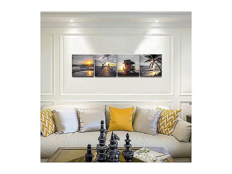 Bathroom Wall Art Black White Gold Beach Ocean Canvas Sunrise Sunset Seascape image number 1