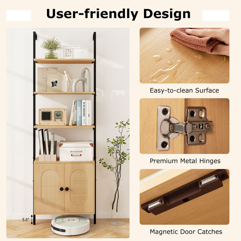 6-Tier Wall Mounted Ladder Bookshelf with Rattan Cabinet