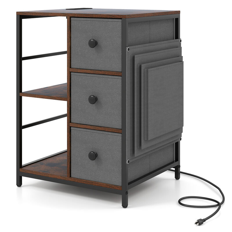 Rustic Brown Industrial Side Table Nightstand with Charging Station and Open Shelves image number 0