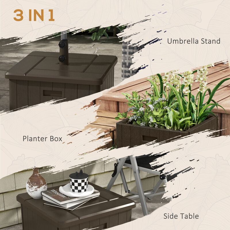 Outsunny 3-in-1 Outdoor Umbrella Base, Coffee End Table, Flower Box Planter with Drain Hole, 175 lbs. Capacity Fillable Patio Umbrella Stand Table with Wheels and Handles, Brown