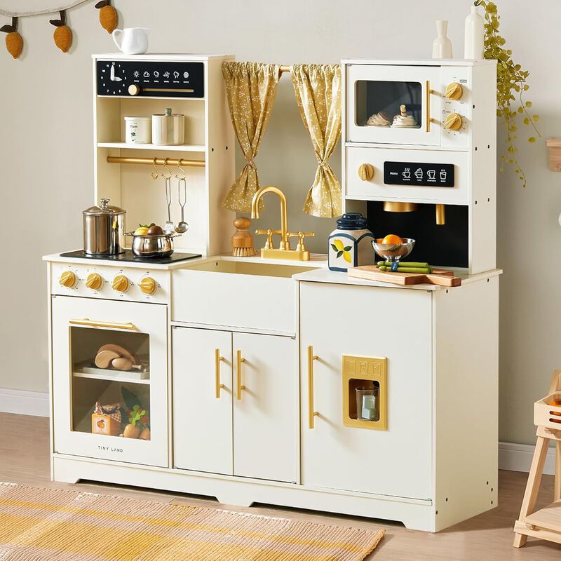 Play Kitchen for Kids - Interactive Wooden Kitchen with Coffee Maker & Microwave, Modern Home Design with Fabric Curtains, Pretend Play Toy image number 1