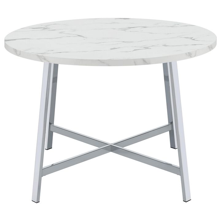 45 Inch Dining Table, Faux Carrara Round Marble Top, Chrome Metal Legs - Benzara