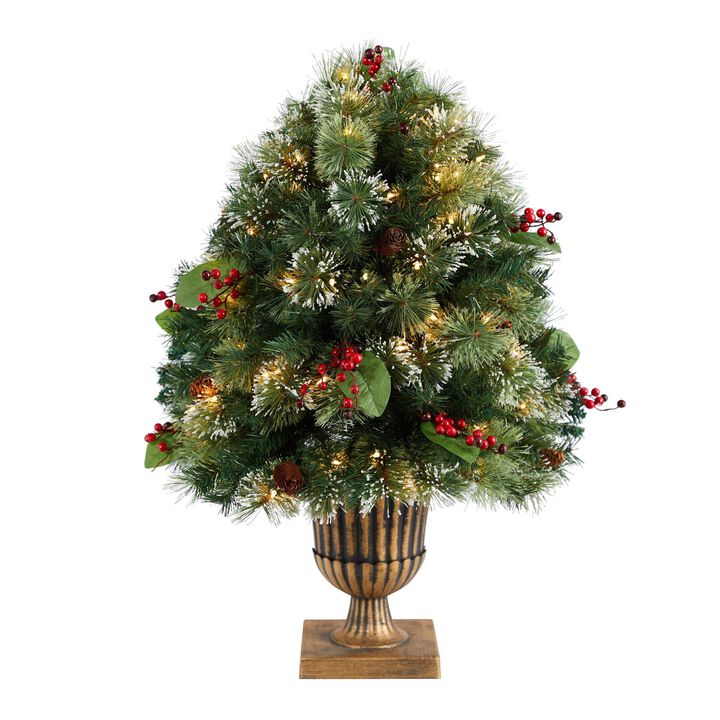 Nearly Natural 3-ft Holiday Pre-Lit Snow Tip Greenery, Berries and Pinecones Artificial Christmas Plant in Urn with 100 LED Lights, Indoor Outdoor Patio Porch Decor