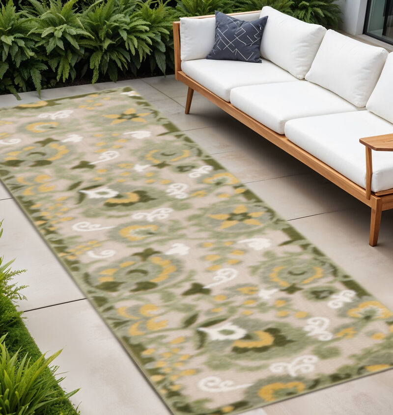 HomeRoots 8' Ivory Dark Green And Yellow Floral Indoor Outdoor Runner Rug image number 1