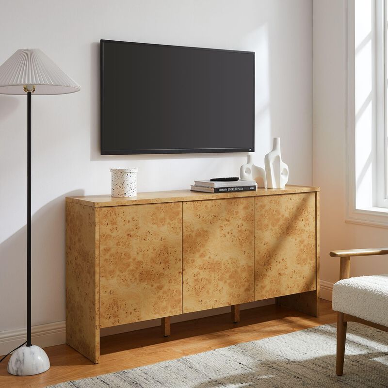 Modway Hudson Burl Wood Sideboard with 3 Doors in Natural - Modern Buffet Cabinet - Versatile High TV Stand Media Cabinet - 60 Inch Storage Sideboard for Living Room with Doors and Shelves image number 1