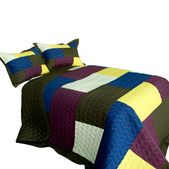 Vermicelli Quilted Patchwork Quilt Set 3PC Queen Size Decorative Soft Bedding Set