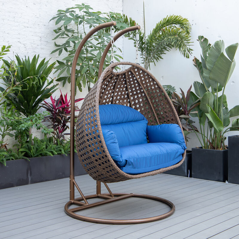 LeisureMod Mendoza Modern Wicker Hanging 2 person Egg Swing Chair Removable Cushion