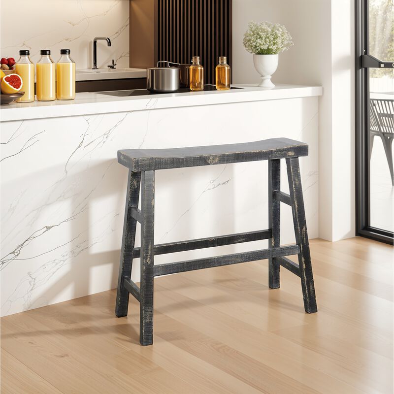 Rena Bar Height Bench | Trestle Legs with Footrests | 33" Wide Rustic Black Mahogany Wood - Benzara