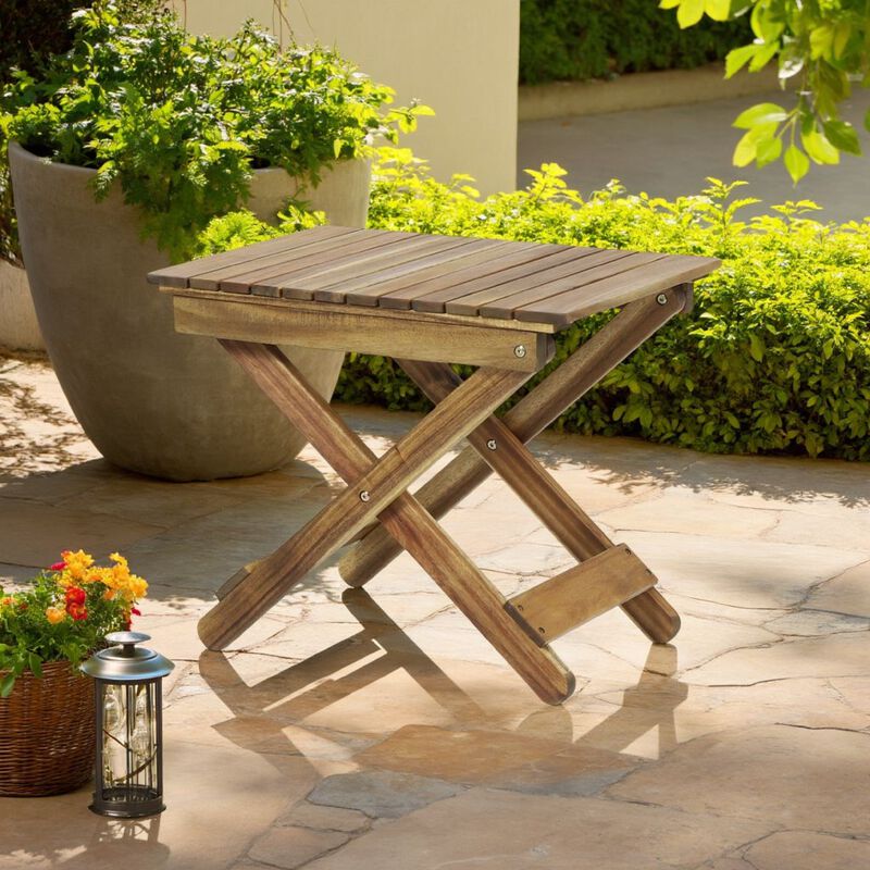 Kyre Outdoor Side Table, Foldable Slatted 23 Inch, Brown Acacia Wood - Benzara