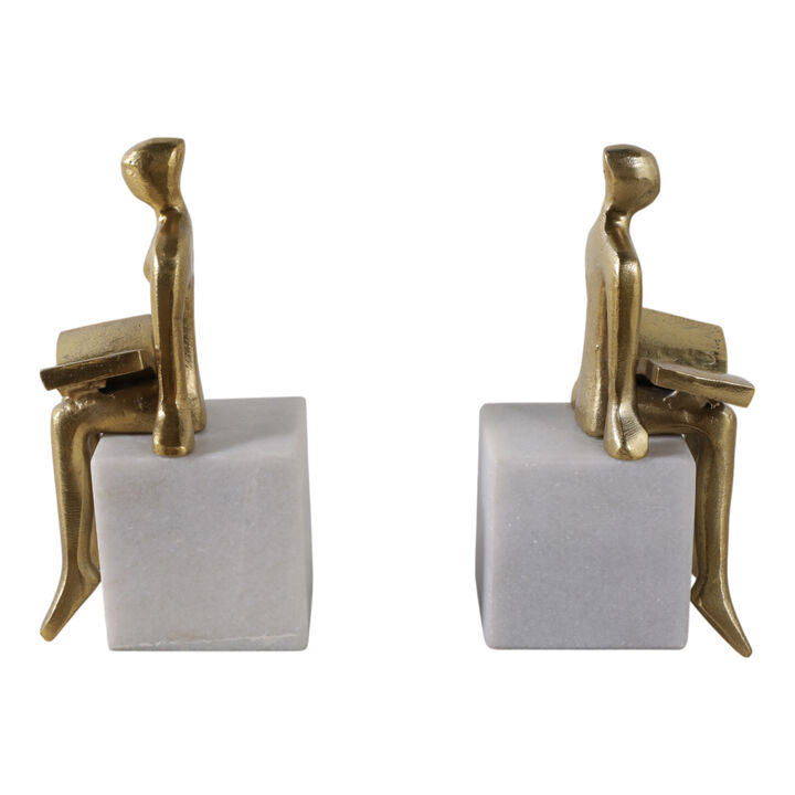 S/2 8" Reading On Marble Stand Bookends, Gold/whit