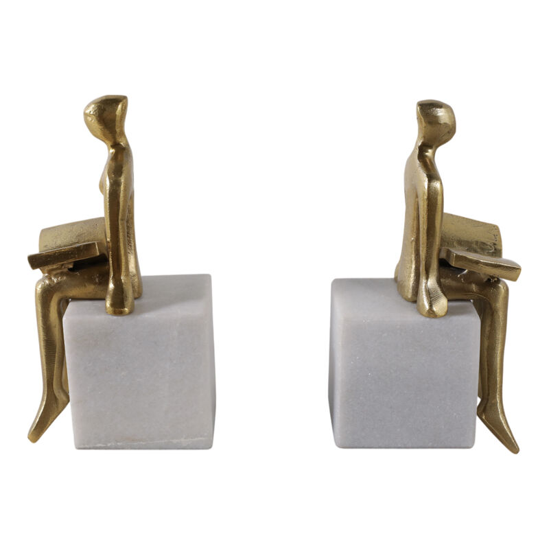 S/2 8" Reading On Marble Stand Bookends, Gold/whit image number 0