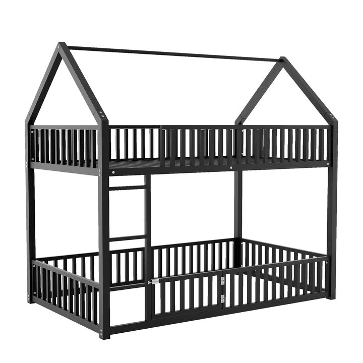 Merax House Bunk Bed with Fence and Door