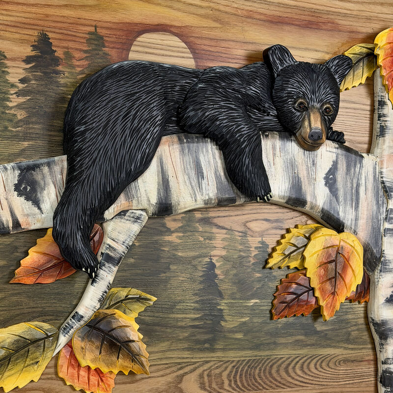 Bear Cub in Birch Forest Wood Wall Sculpture 24x34.5 Glossy Brown Indoor Decor image number 3