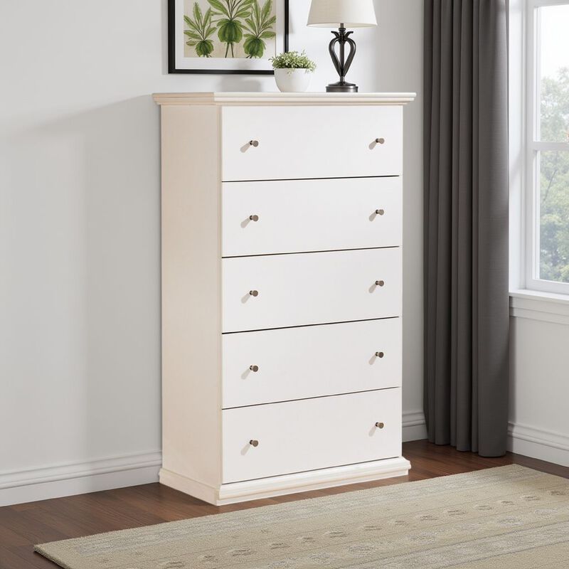 Twik Tall Dresser Chest, 5 Storage Drawers, White Molded Trim Details - Benzara