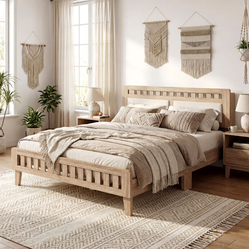 Modern Wood Bed Frame with Upholstered Headboard for Home Bedroom-Natural image number 3