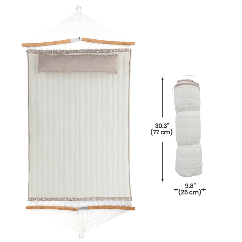 Quilted Hammock with Curved Wicker Spreaders for Comfortable Outdoor Relaxation