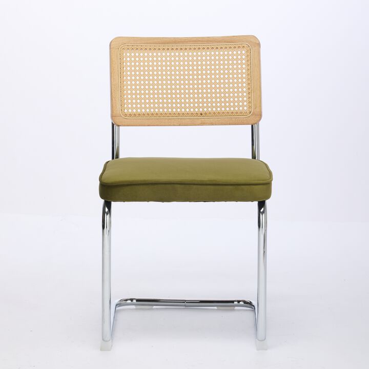 Whisen 2-Piece Mid Century Dining Chairs, Velvet Upholstered with Cane Back & Chrome Base, Cantilever Design for Kitchen