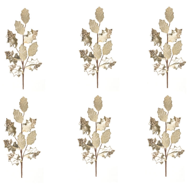 Set of 6 Glittered Holly Leaf Sprays - Elegant Holiday Decoration Accents