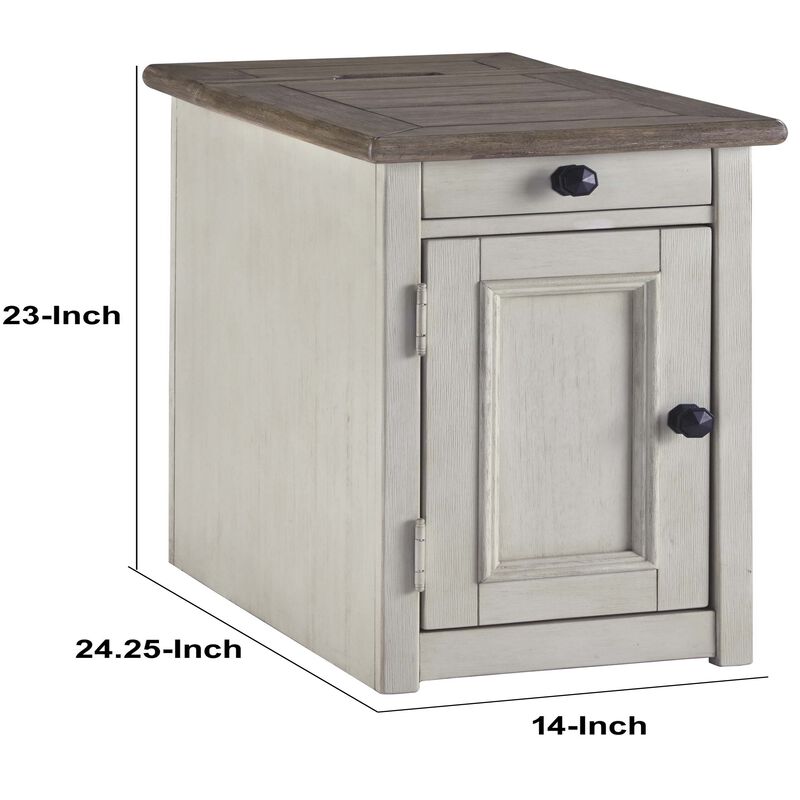 Chair Side End Table with 1 Cabinet and Pull Out Tray, White and Brown-Benzara image number 7