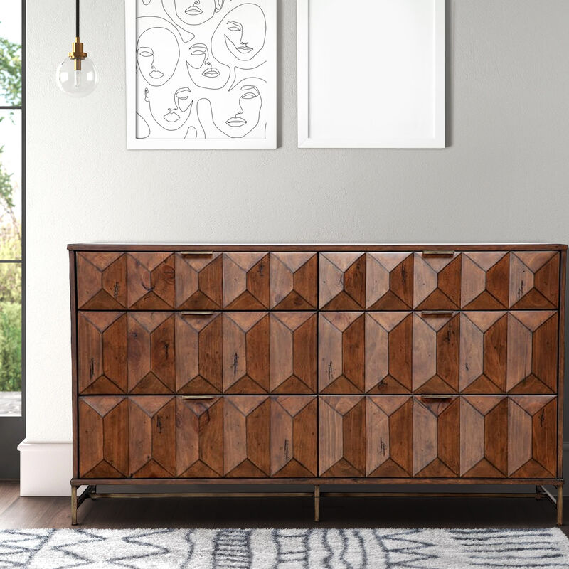 6 Drawer Dresser with Honeycomb Design and Metal Legs, Brown image number 1